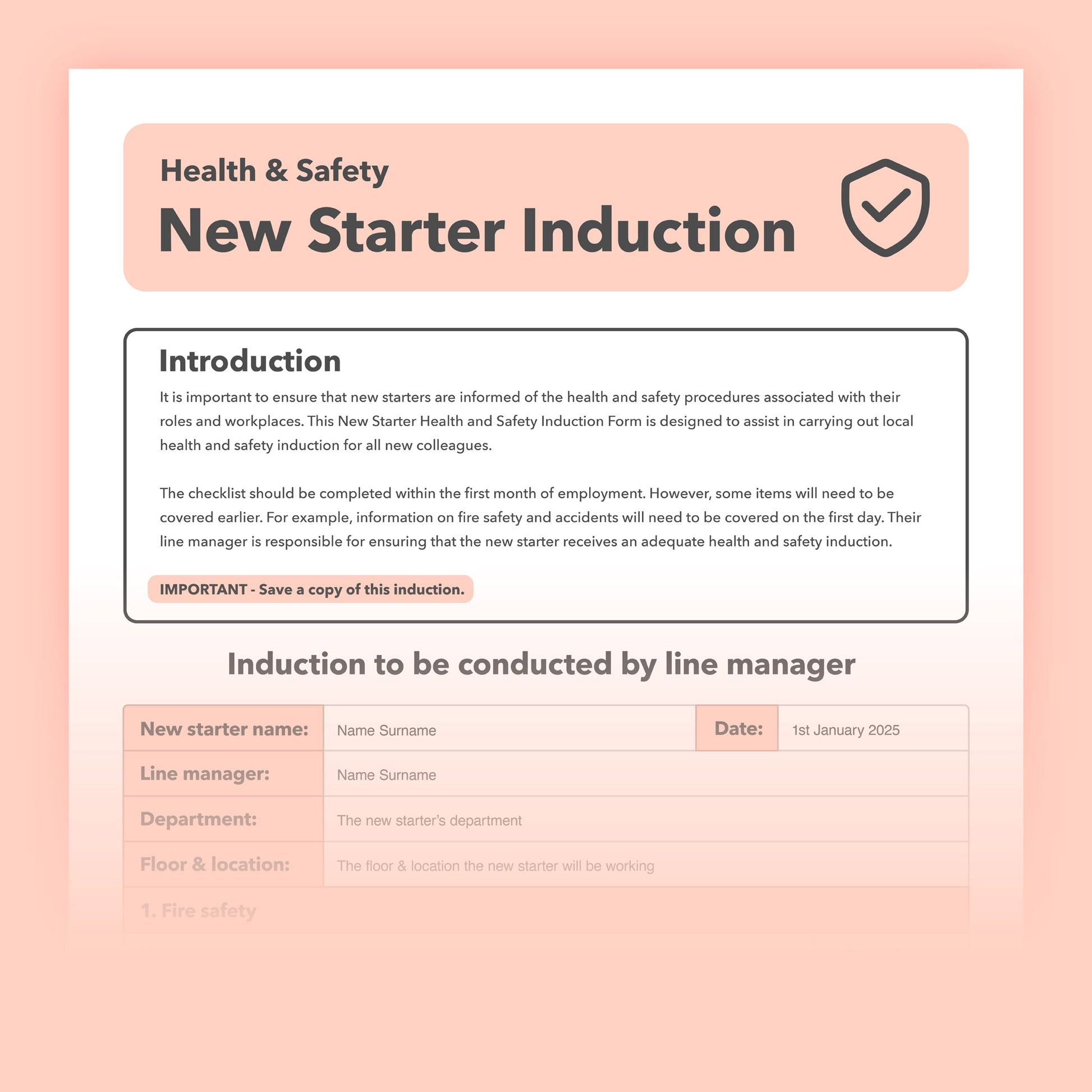 Health and Safety Induction Form template for new starters, ensuring workplace compliance and employee safety.