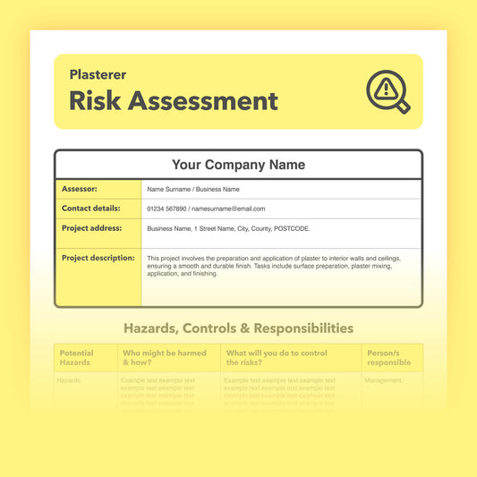 Editable, pre-filled risk assessment template for plasterers, plastering work, and plastering businesses – easy to use and fully compliant with health and safety regulations.