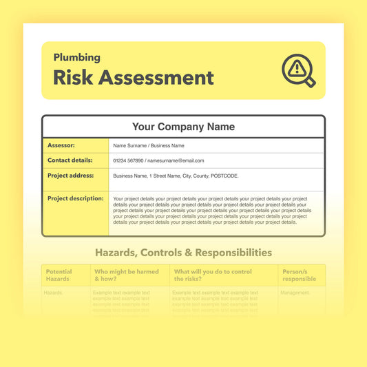 Editable, pre-filled risk assessment template for plumbers, plumbing work, and plumbing businesses – easy to use and fully compliant with health and safety regulations.