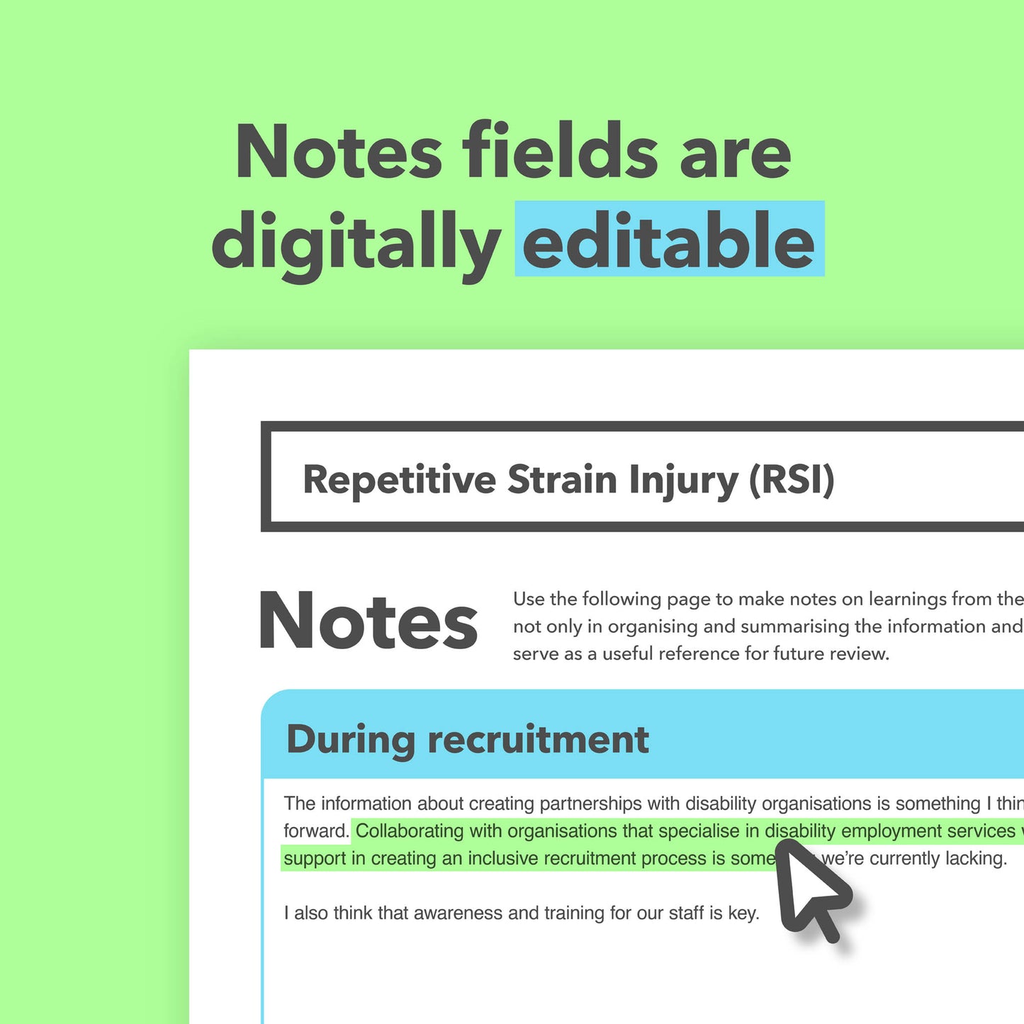 Reasonable adjustments guide for employees with Repetitive Strain Injury (RSI) in the workplace.