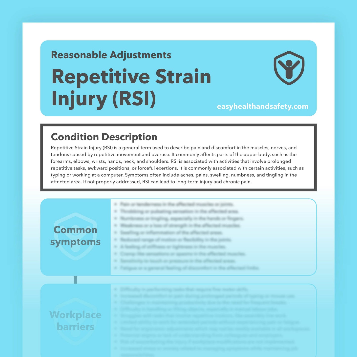 Reasonable adjustments guide for employees with Repetitive Strain Injury (RSI) in the workplace.