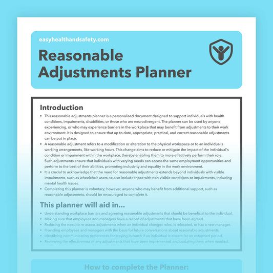 Reasonable Adjustments Planner Template for supporting employees with disabilities, health conditions, impairments, or neurodivergent needs at work.