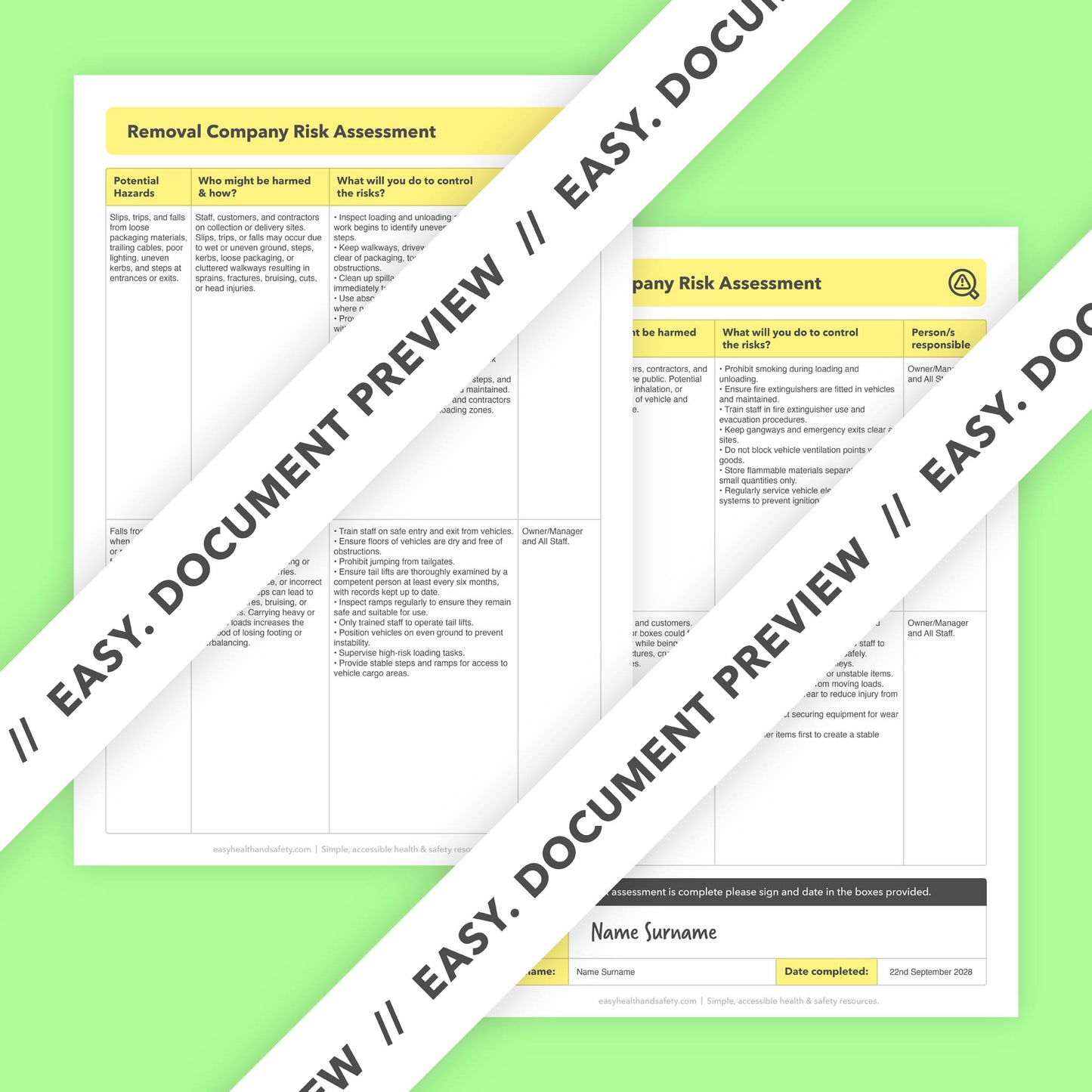 Editable, pre-filled risk assessment for removal companies, house moving companies, furniture removal services, and man and van businesses – easy to use and compliant with health and safety regulations.