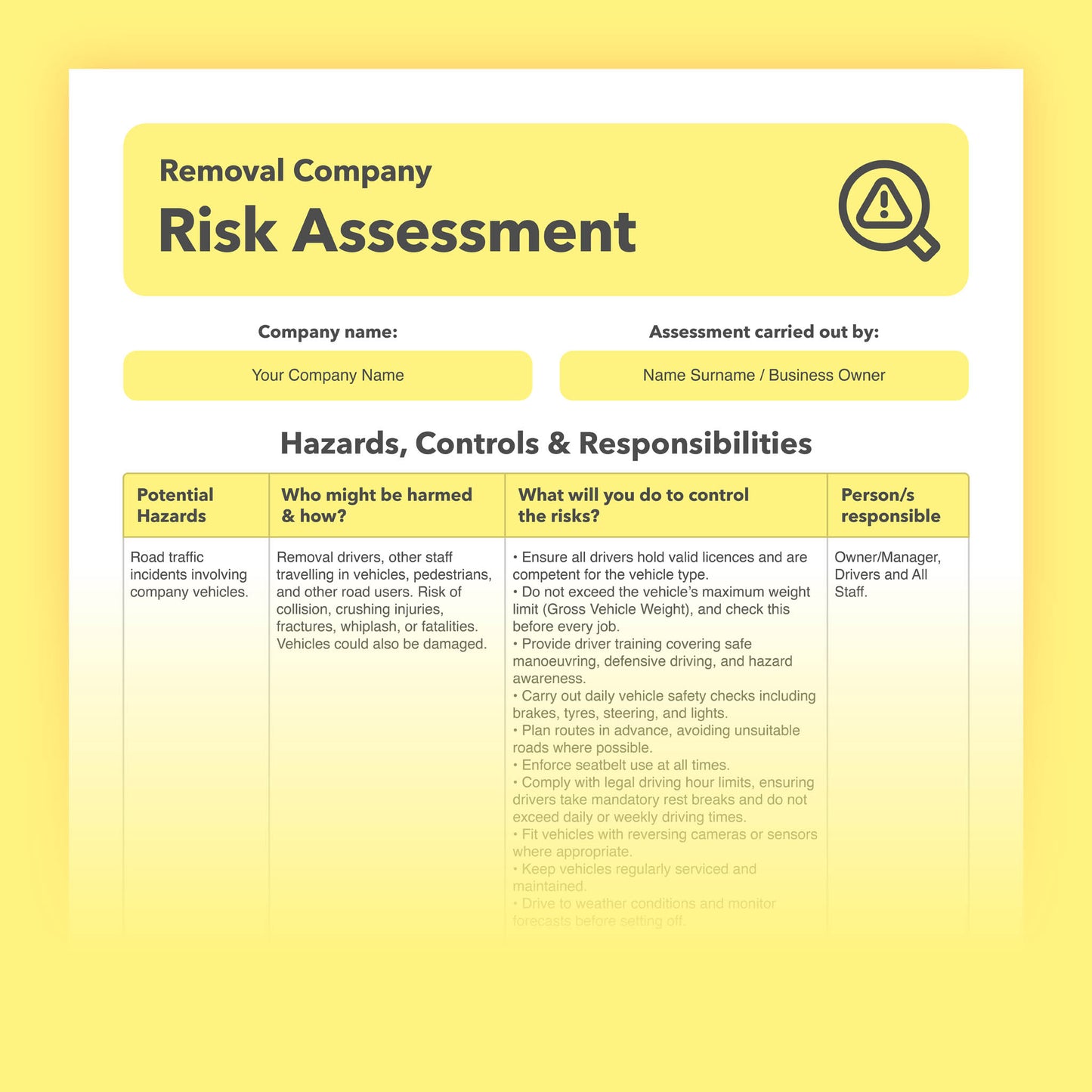 Editable, pre-filled risk assessment for removal companies, house moving companies, furniture removal services, and man and van businesses – easy to use and compliant with health and safety regulations.