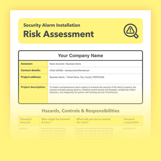 Editable, pre-filled risk assessment template for Security Alarm Installation – easy to use and fully compliant with health and safety regulations.
