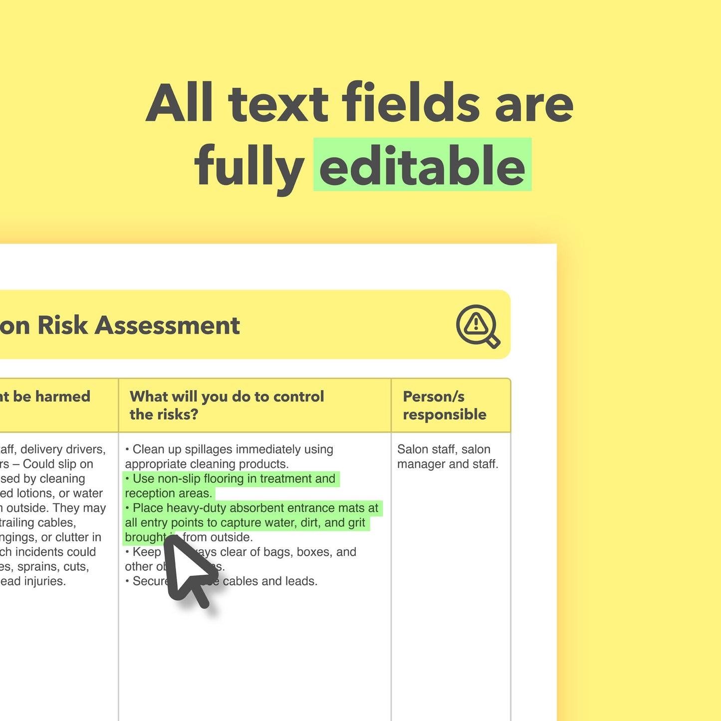 Editable, pre-filled risk assessment for tanning salons, sunbed shops, and studios – compliant with health and safety regulations.