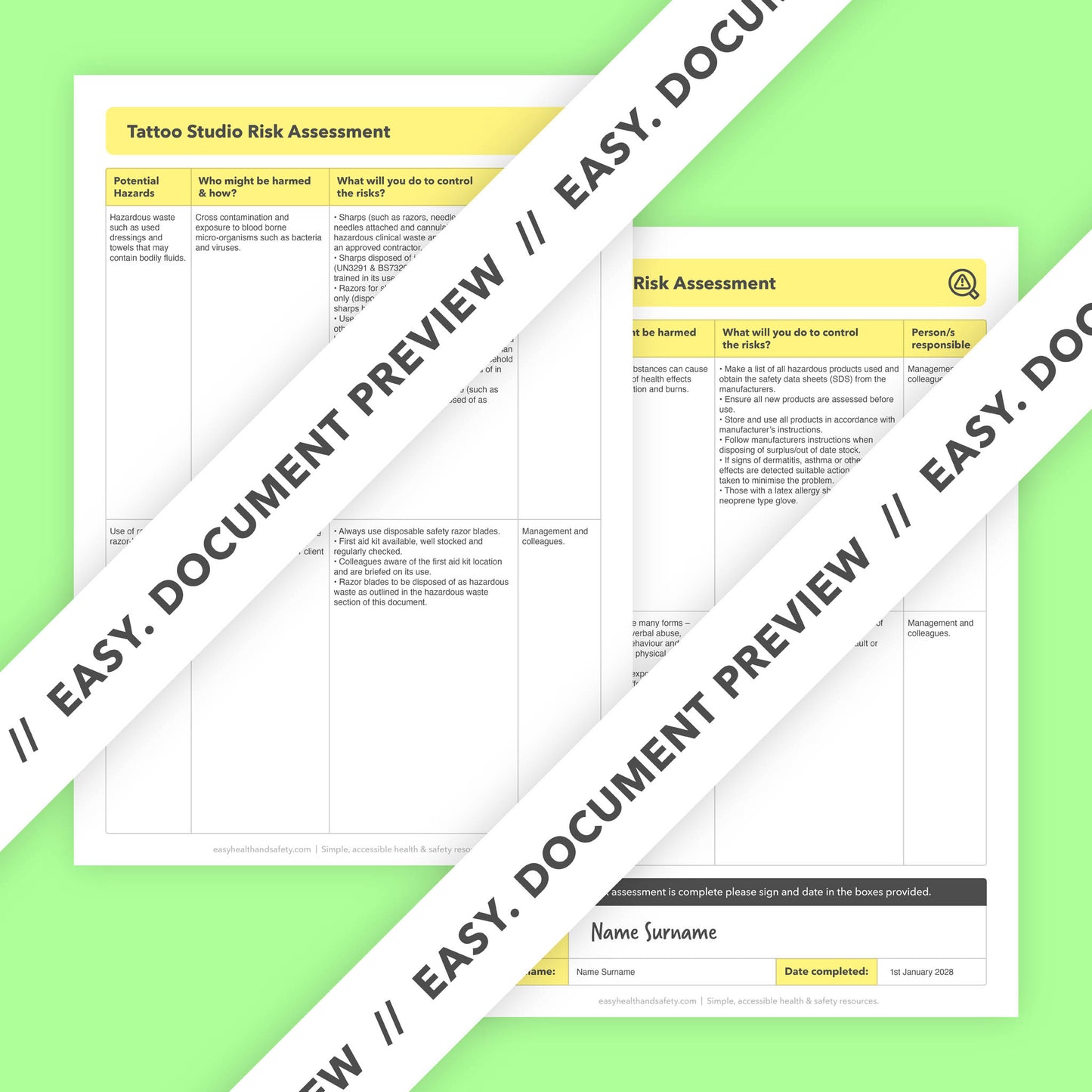 Editable, pre-filled risk assessment template for tattoo studios, tattooists, tattoo shops, and parlours – fully compliant with health and safety regulations.