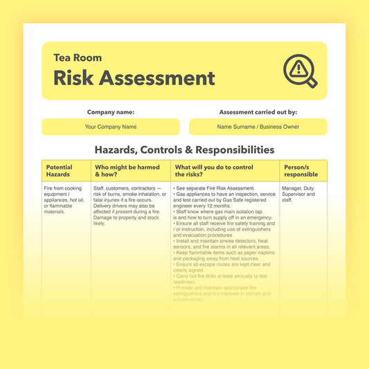 Editable, pre-filled risk assessment template for tea room businesses, tea shops, and afternoon tea venues – easy to use and fully compliant with health and safety regulations.
