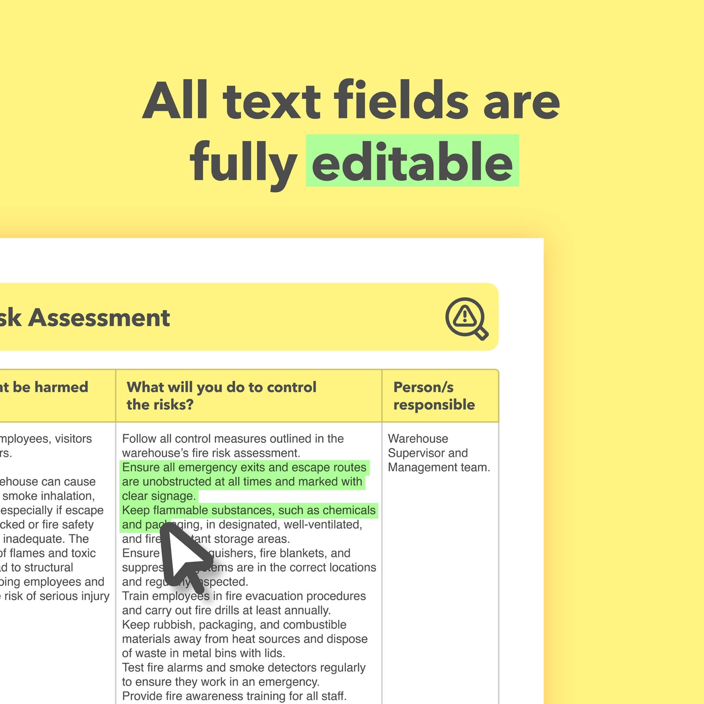Editable, pre-filled risk assessment template for warehouses, distribution centres, and fulfilment centres – easy to use and fully compliant with health and safety regulations.