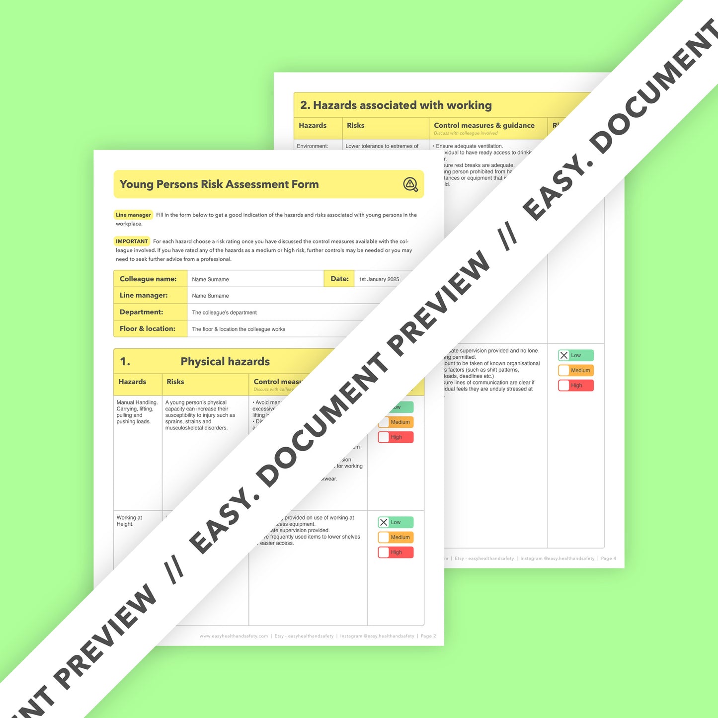 Editable, pre-filled risk assessment for young workers, apprentices, and under-18s – compliant with health and safety regulations.