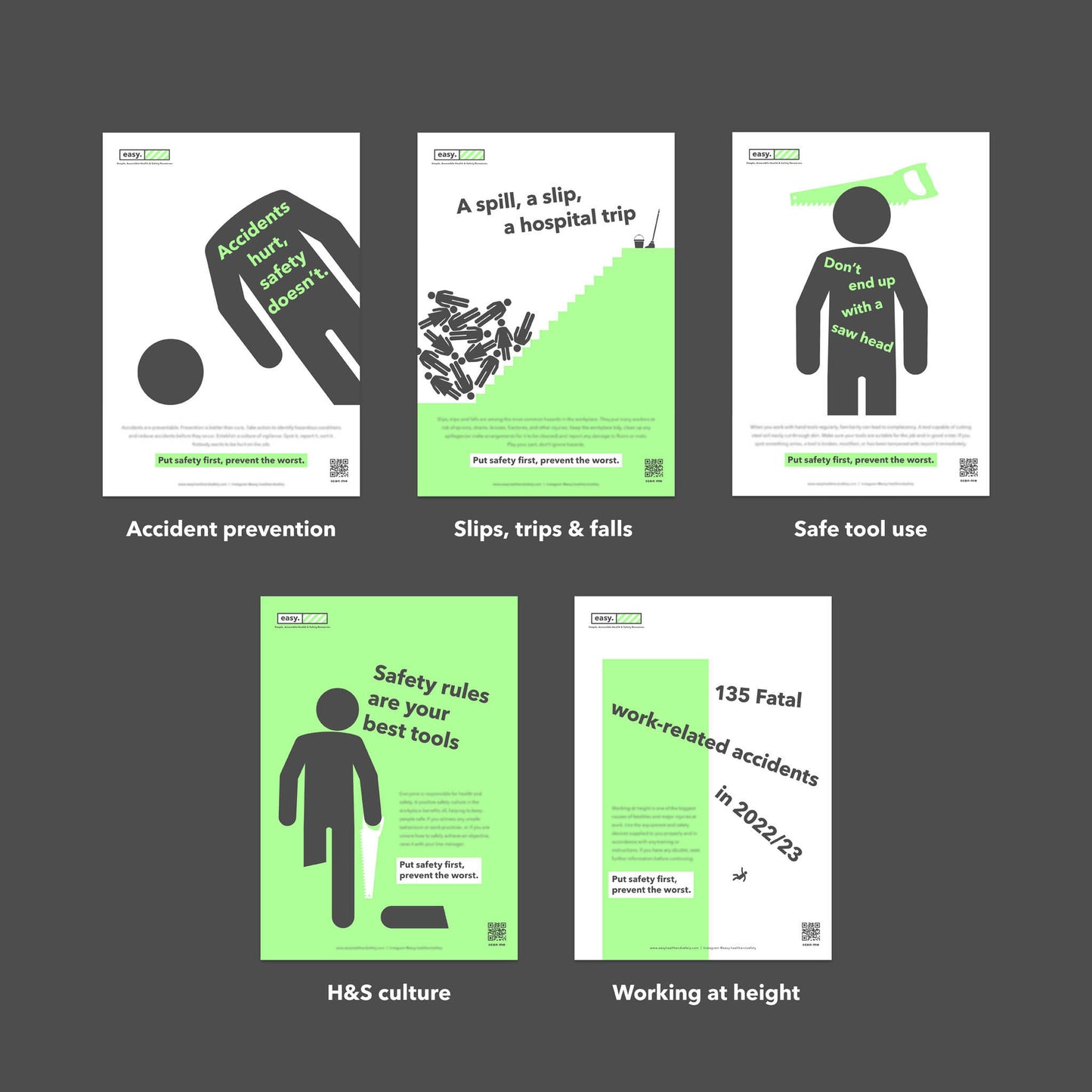 Health and safety poster campaign pack with human characters for the promotion of health and safety culture in the workplace.