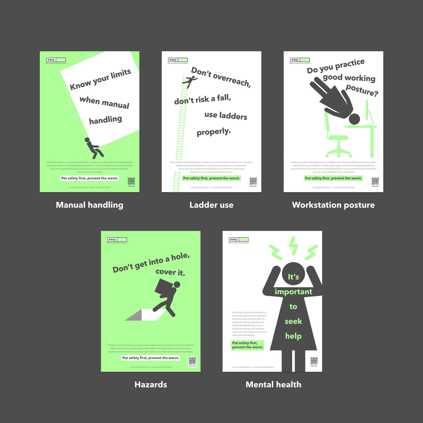 Health and safety poster campaign pack with human characters for the promotion of health and safety culture in the workplace.