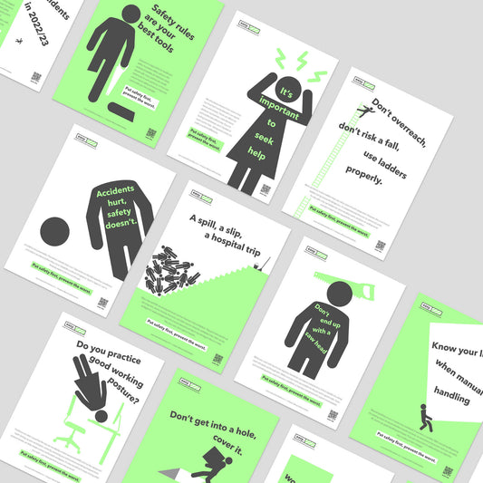 Health and safety poster campaign pack with human characters for the promotion of health and safety culture in the workplace. A4 printed posters.