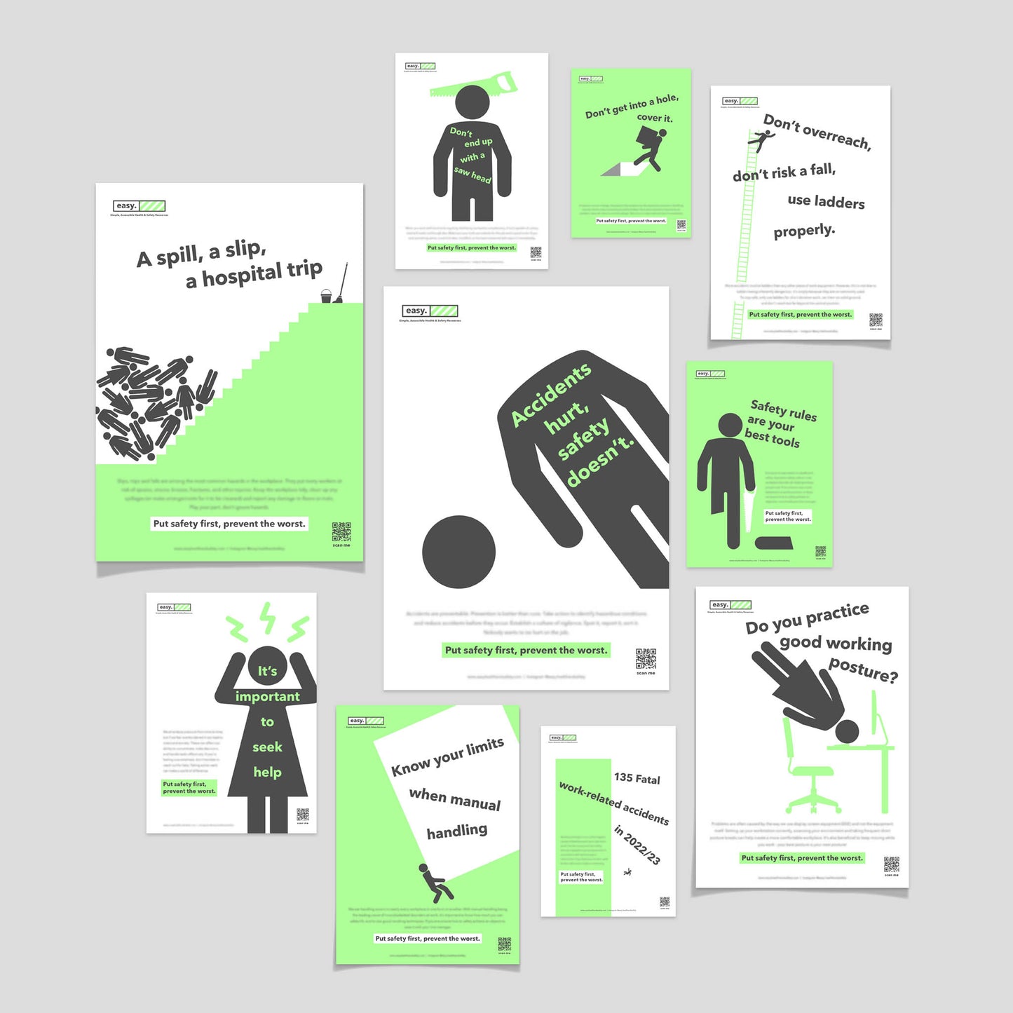Health and safety poster campaign pack with human characters for the promotion of health and safety culture in the workplace.