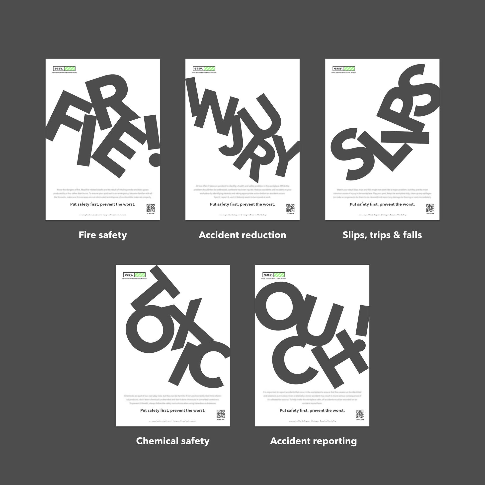 Health and safety poster campaign pack with typographic design for the promotion of health and safety culture in the workplace.