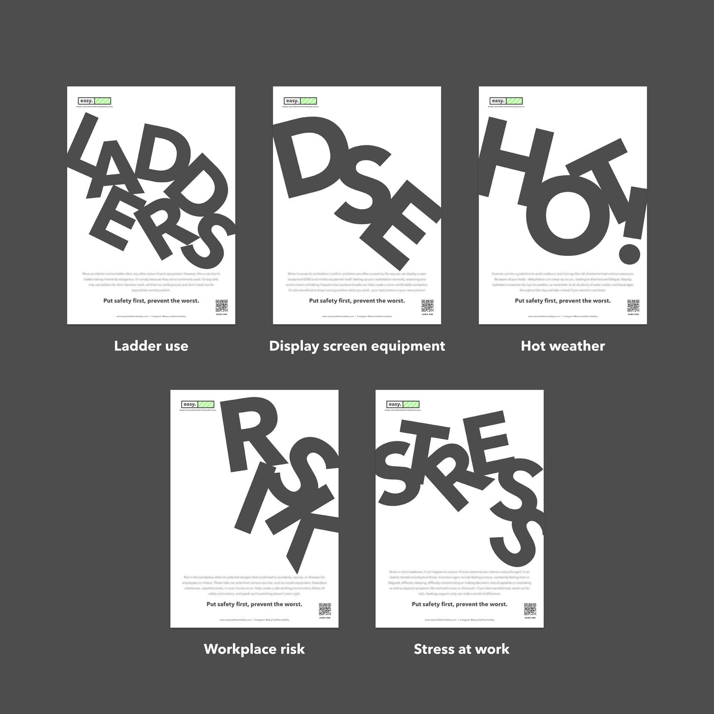 Health and safety poster campaign pack with typographic design for the promotion of health and safety culture in the workplace. A4 printed posters.