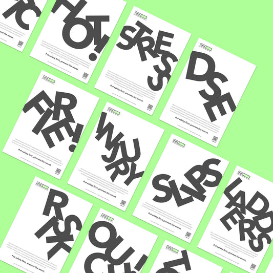 Health and safety poster campaign pack with typographic design for the promotion of health and safety culture in the workplace. A4 printed posters.