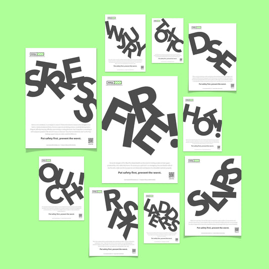 Health and safety poster campaign pack with typographic design for the promotion of health and safety culture in the workplace.