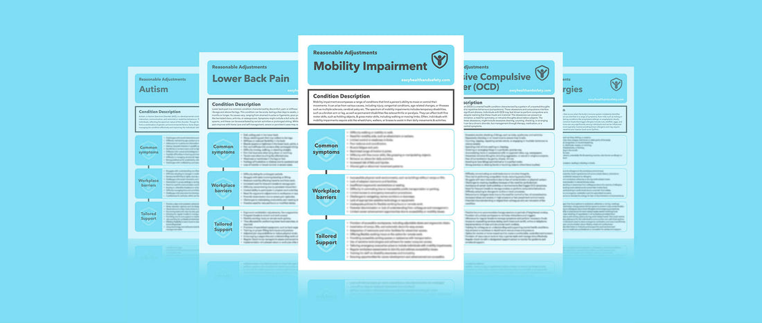 Reasonable adjustments guides for individuals with mental health conditions, neurological conditions, chronic illnesses, or mobility impairments in in the workplace.