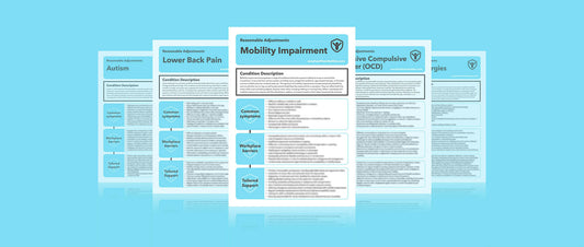 Selection of Reasonable Adjustments Guides for autism, lower back pain, mobility impairment, OCD and allergies, designed for workplace support.
