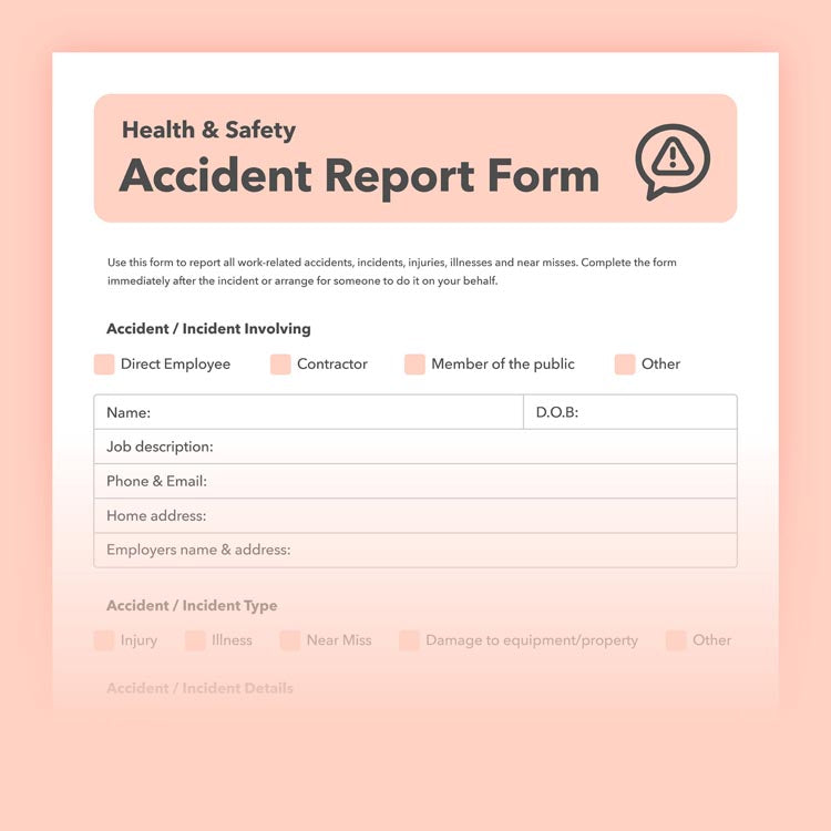 Heath and safety forms and templates including DSE assessment, accident report form and new starter induction