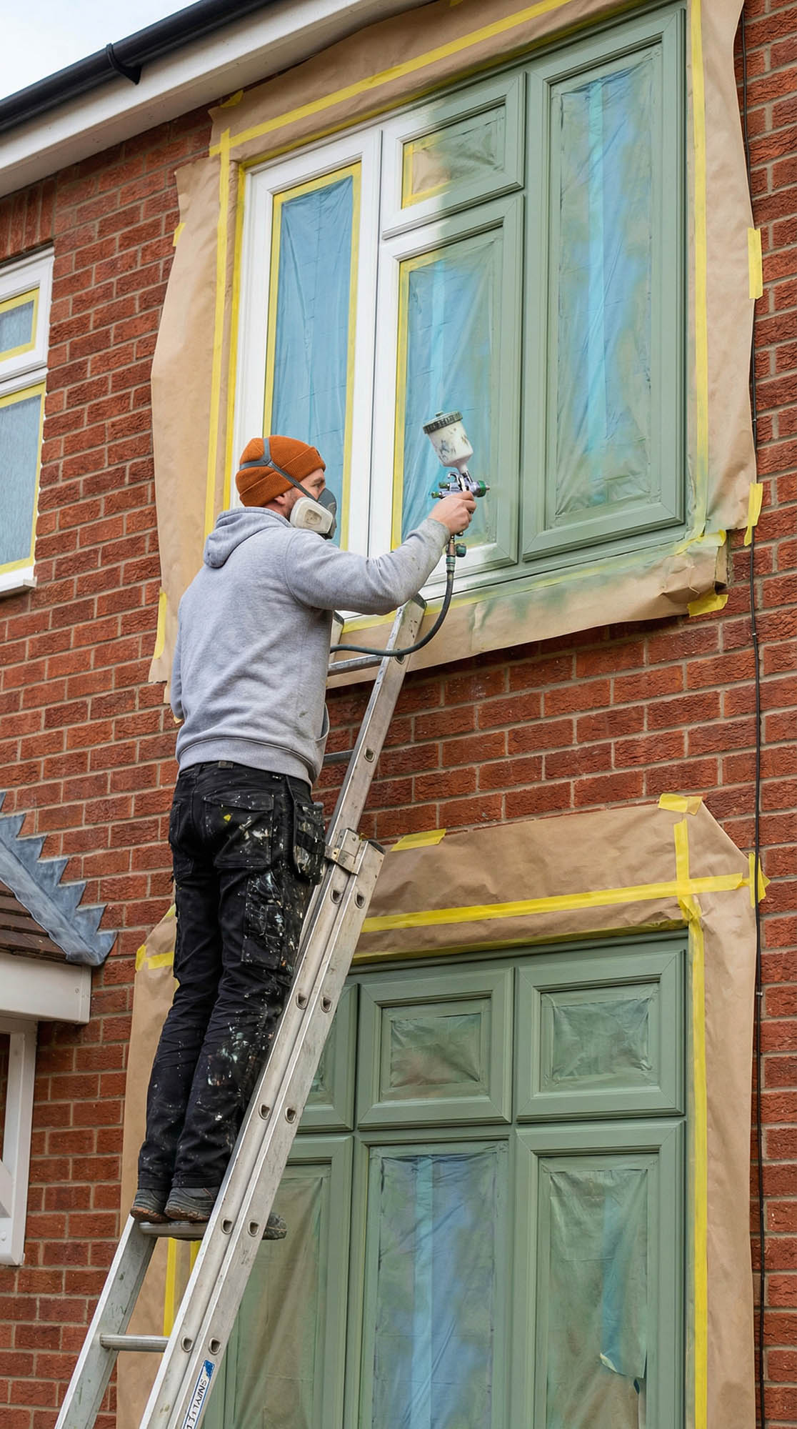A UPVC spray painter spraying the upstairs windows of a house in a sage green colour.