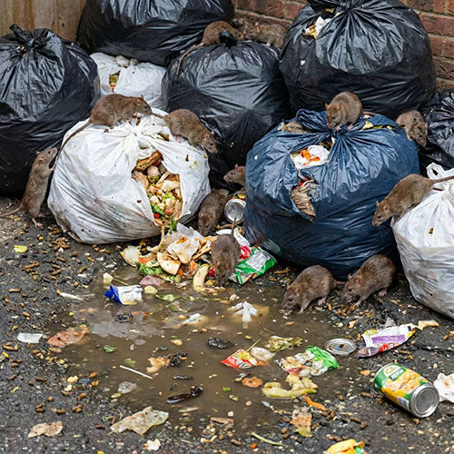 A serious rat infestation outside a fast-food business.