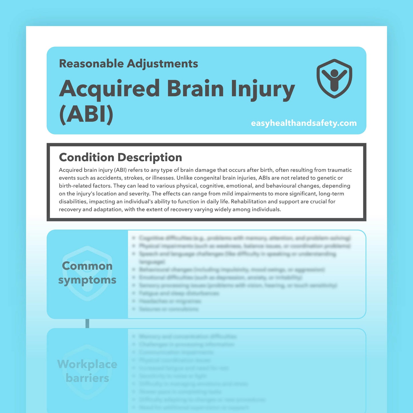 Reasonable adjustments guide for individuals with an Acquired Brain Injury (ABI) in the workplace.