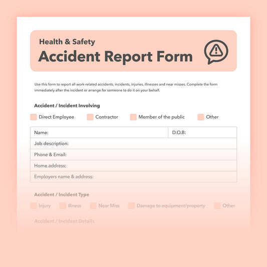 Accident report form template for recording accidents, incidents, work-related injuries, diseases, ill-health and near misses