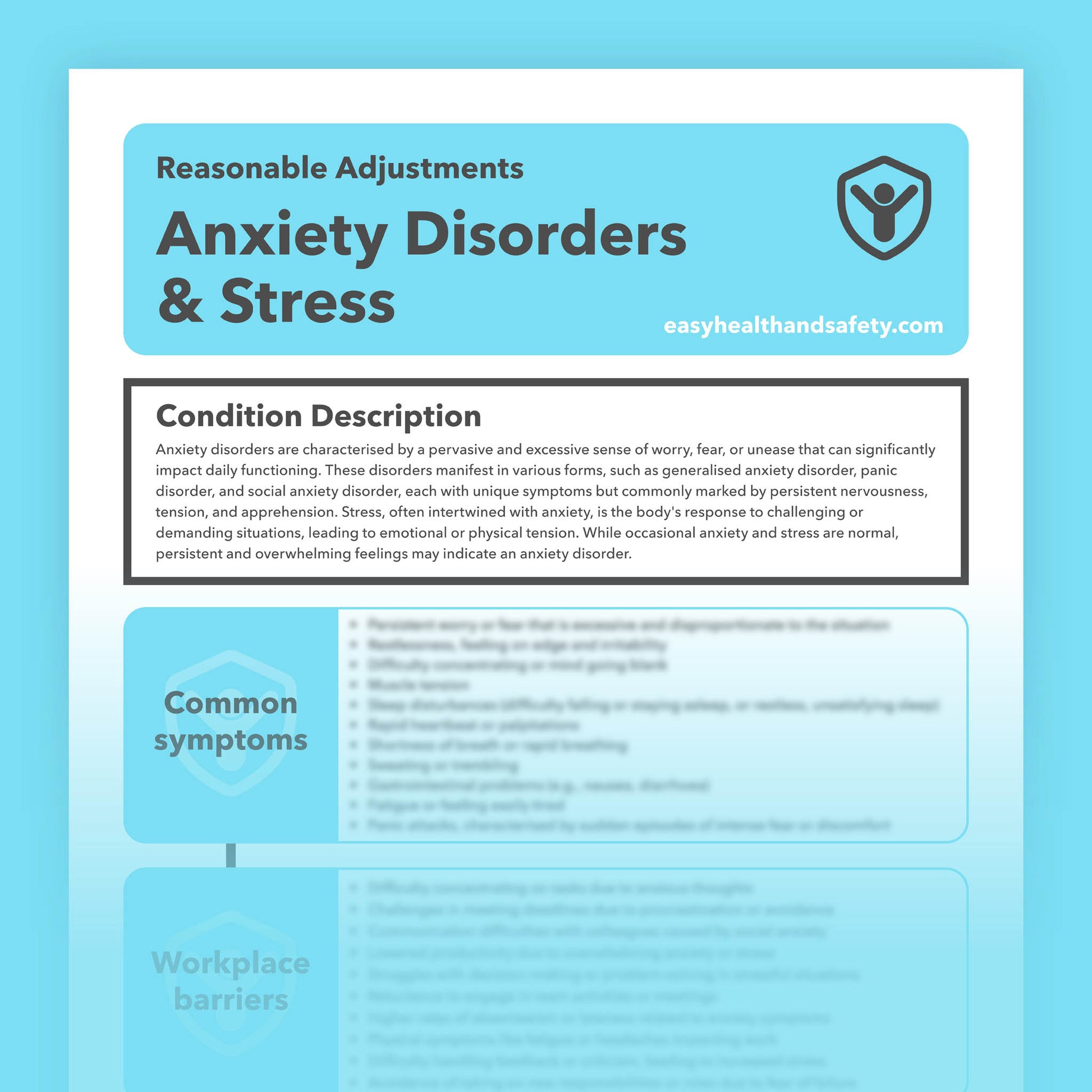 Reasonable adjustments guide for individuals with anxiety disorders and stress in the workplace.