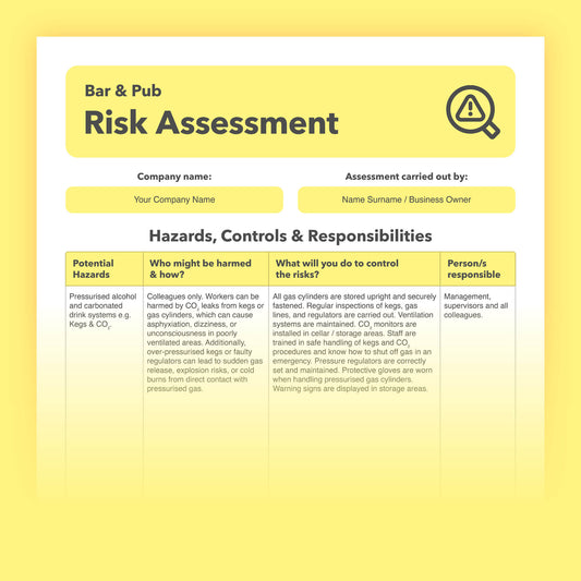 Editable, pre-filled risk assessment template for bars and pubs – fully compliant with health and safety regulations.