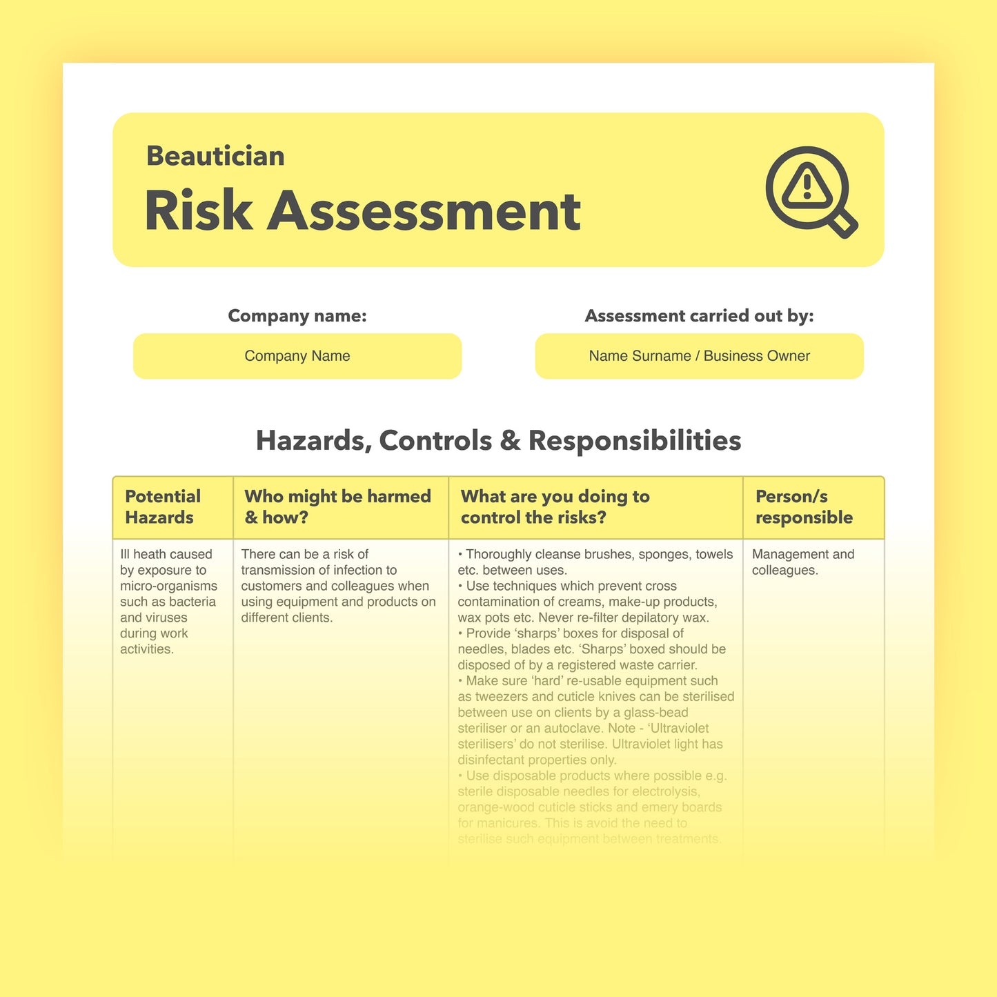 Editable, pre-filled risk assessment template for Beauticians and cosmetologists – fully compliant with health and safety regulations.