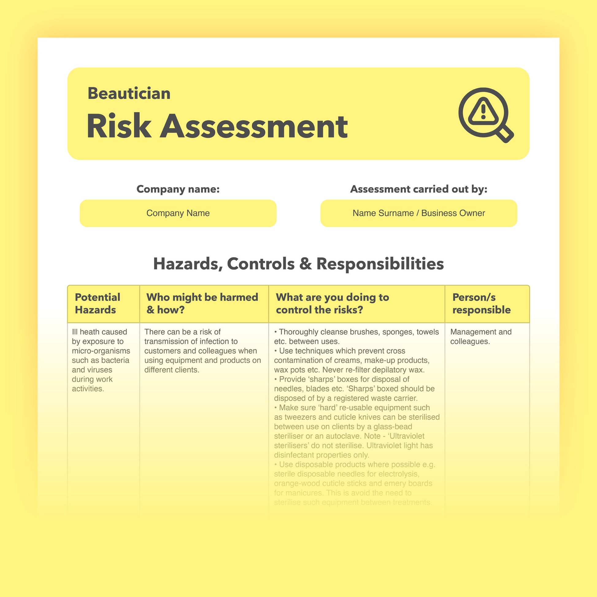 Editable, pre-filled risk assessment template for Beauticians and cosmetologists – fully compliant with health and safety regulations.