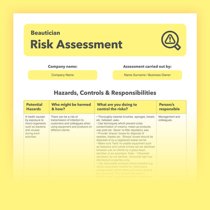 Editable, pre-filled risk assessment template for Beauticians and cosmetologists – fully compliant with health and safety regulations.