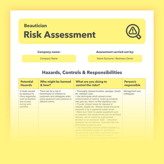 Editable, pre-filled risk assessment template for Beauticians and cosmetologists – fully compliant with health and safety regulations.