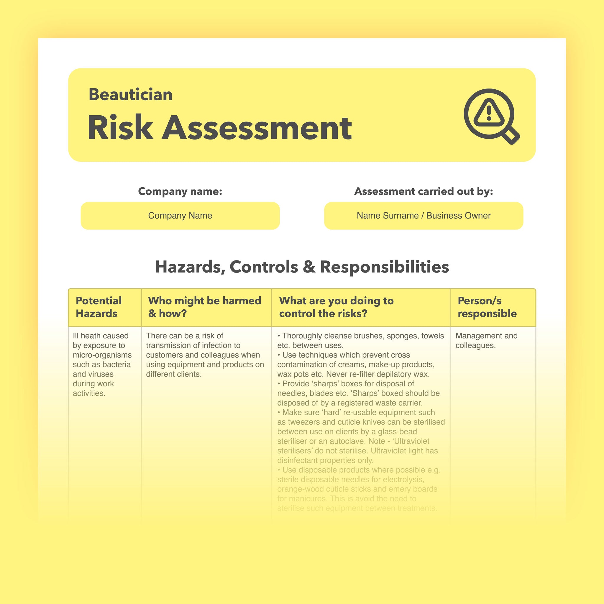 Beautician Risk Assessment Template Pre-filled – easyhealthandsafety