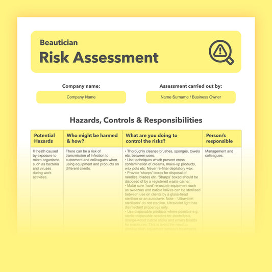 Risk assessment template for Beauticians and cosmetologists