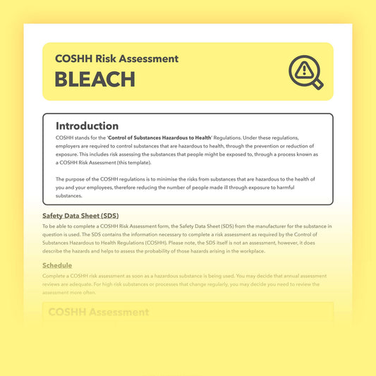 Prefillled COSHH risk assessment for bleach