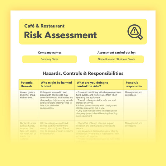 Editable, pre-filled risk assessment template for cafes, restaurants, and bistros – fully compliant with health and safety regulations.