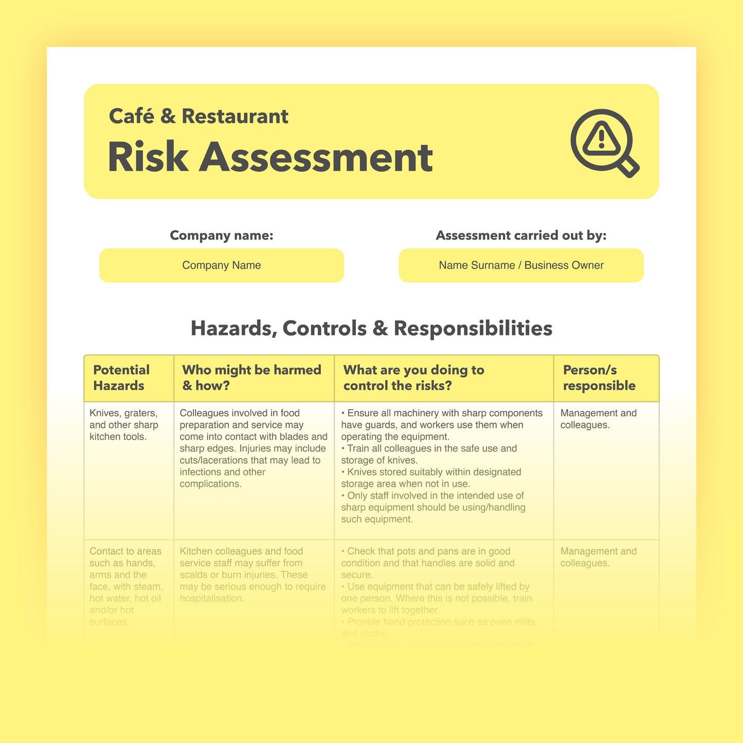 Risk assessment template for Cafes and restaurants. This health and safety risk assessment comes pre-filled for ease of use.