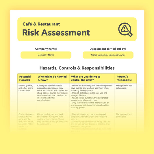 Risk assessment template for Cafes and restaurants