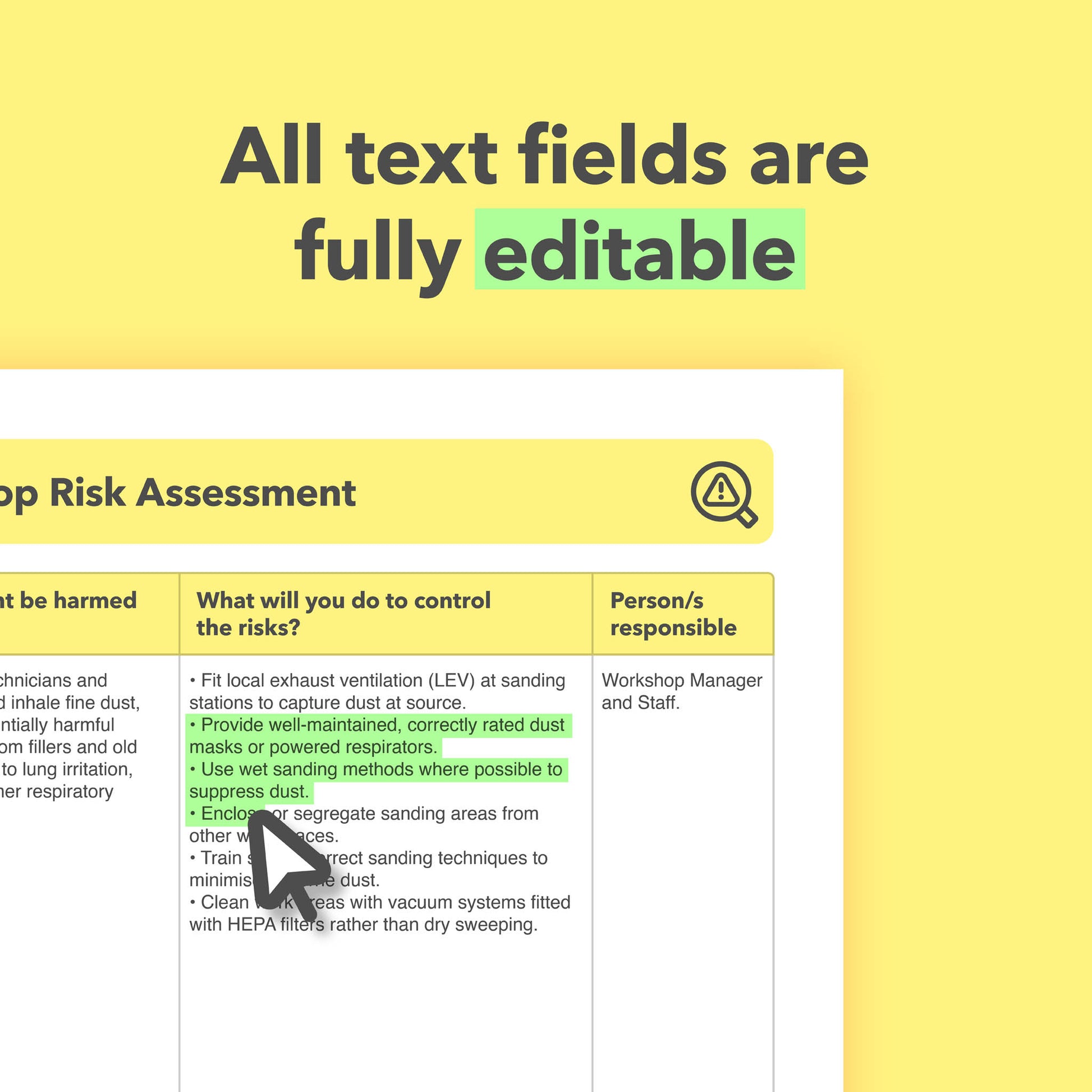 Editable, pre-filled risk assessment for car body shops and bodywork repair and restoration specialists – easy to use and fully compliant with health and safety regulations.