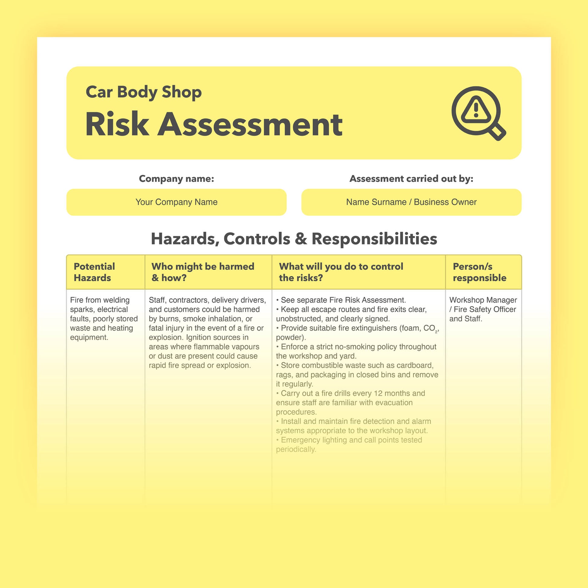 Editable, pre-filled risk assessment for car body shops and bodywork repair and restoration specialists – easy to use and fully compliant with health and safety regulations.