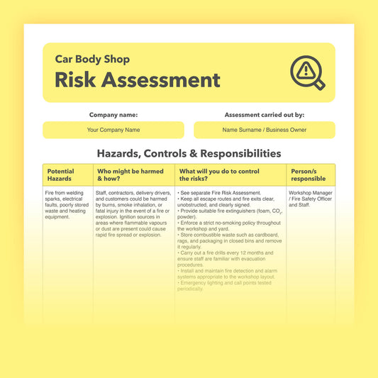 Editable, pre-filled risk assessment for car body shops and bodywork repair and restoration specialists – easy to use and fully compliant with health and safety regulations.