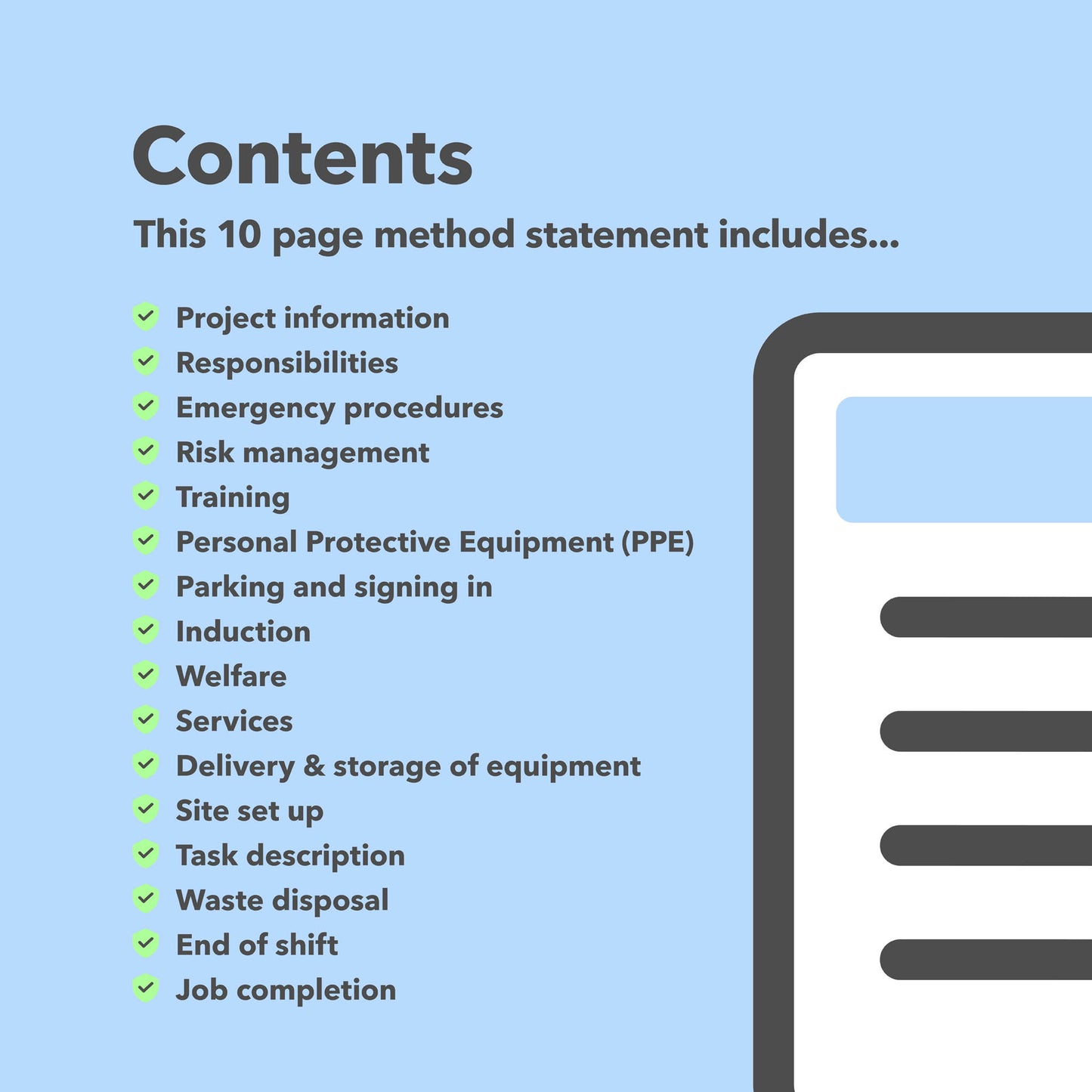 Pre-filled, editable method statement template for carpenters. Ideal for installation and alteration work, designed to support safe and compliant site tasks.