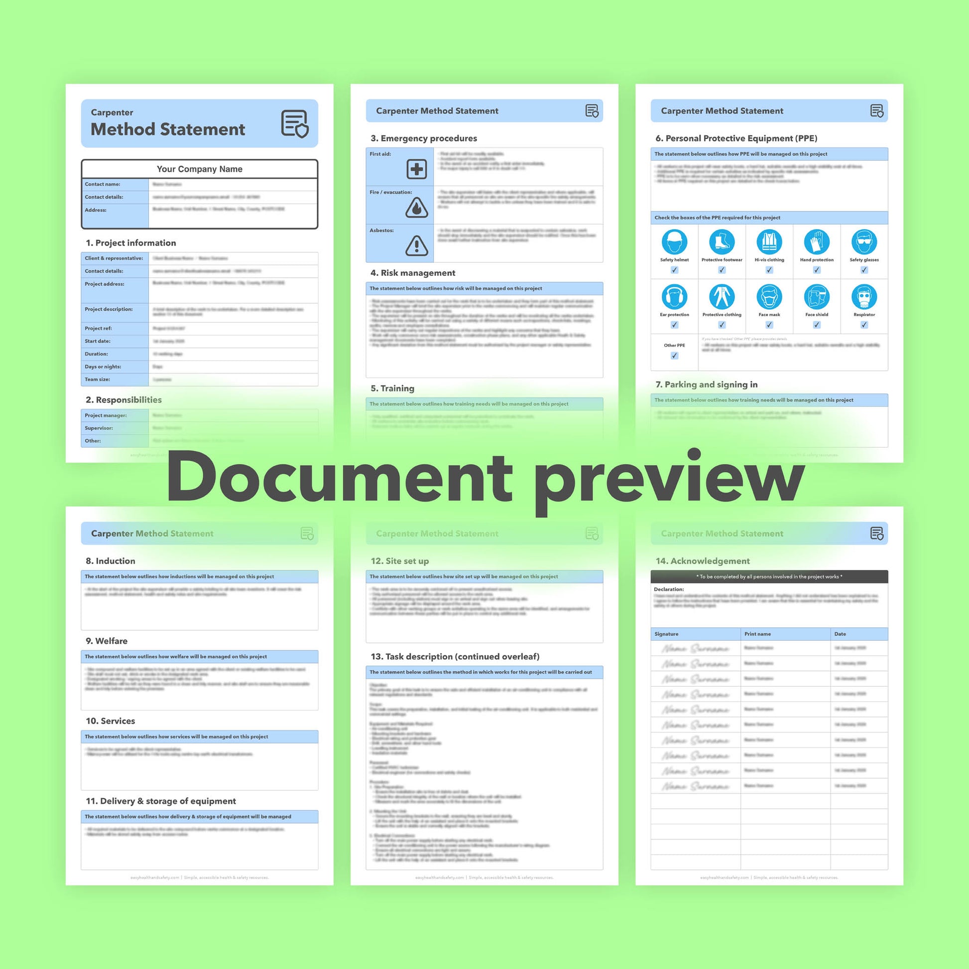 Pre-filled, editable method statement template for carpenters. Ideal for installation and alteration work, designed to support safe and compliant site tasks.