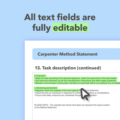 Pre-filled, editable method statement template for carpenters. Ideal for installation and alteration work, designed to support safe and compliant site tasks.