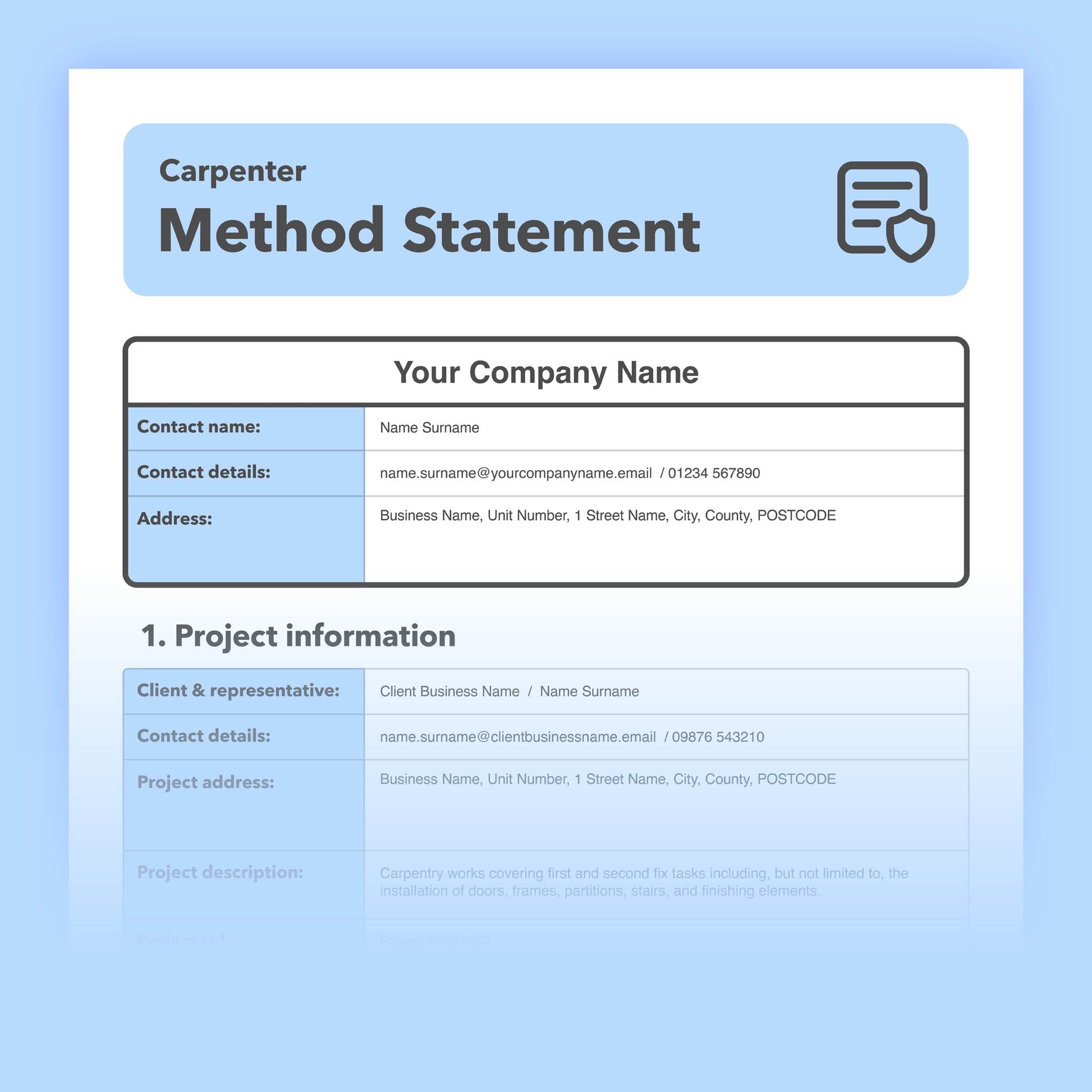Pre-filled, editable method statement template for carpenters. Ideal for installation and alteration work, designed to support safe and compliant site tasks.