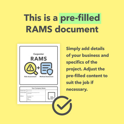 RAMS template for carpenters and carpentry work. This risk assessment and method statement template comes pre-filled with relevant content for ease of use.