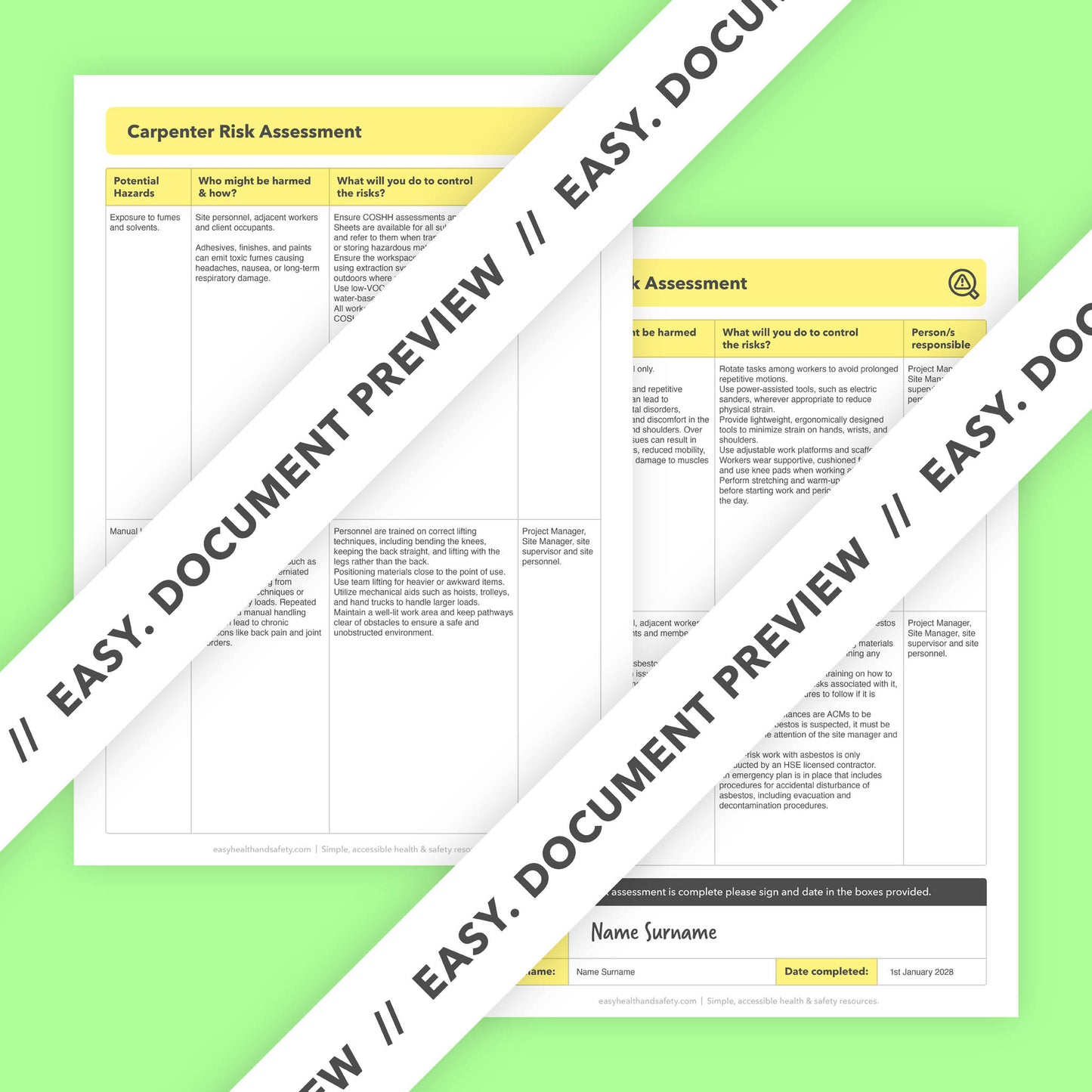 Editable, pre-filled risk assessment template for carpenters and carpentry work – easy to use and fully compliant with health and safety regulations.